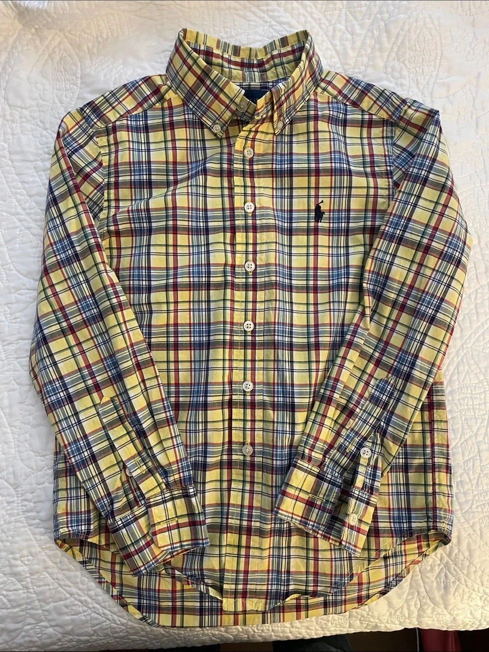 Ralph Lauren Yellow Plaid Button-Down Shirt with Navy & Red Accents